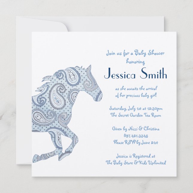 Blue Paisley Horse Baby Dusche Einladung (Vorderseite)