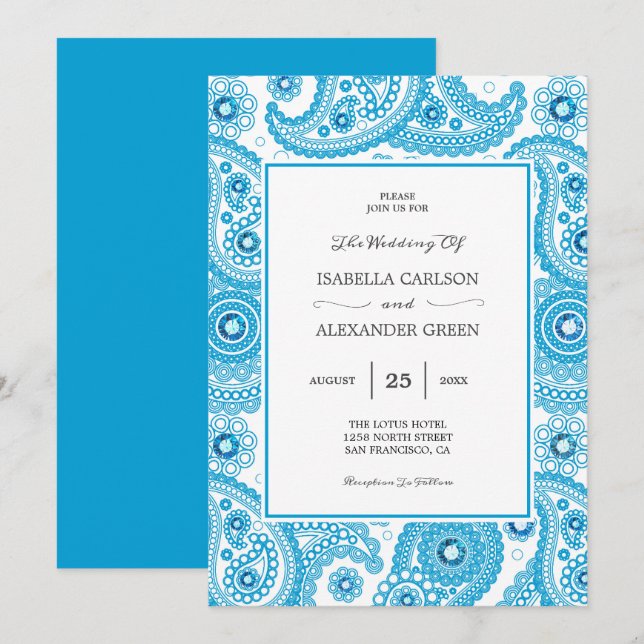 Blue Paisley mit Diamanten Wedding Einladung (Vorne/Hinten)