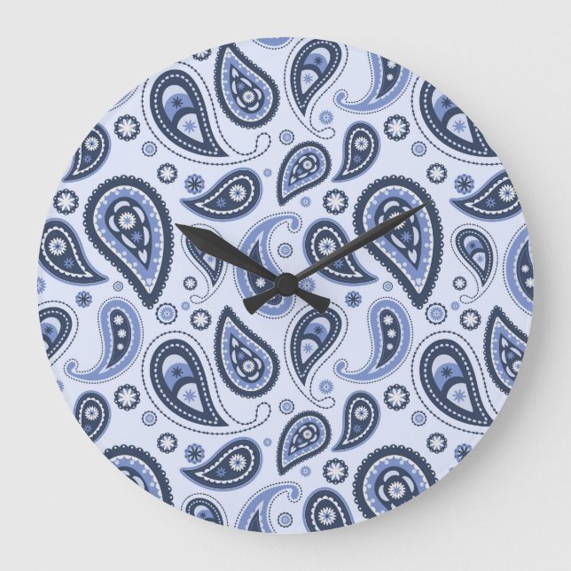 Blue Paisley Pattern Große Wanduhr (Vorderseite)