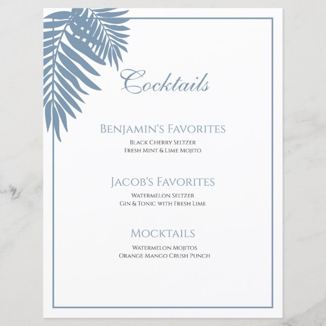 Blue Palm Custom Wedding 8.5X11 Cocktailmenü (Vorderseite)