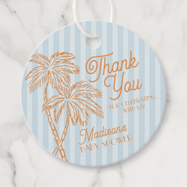 Blue Palm Spring Pastel Beach Baby Dusche Geschenkanhänger (Vorderseite)