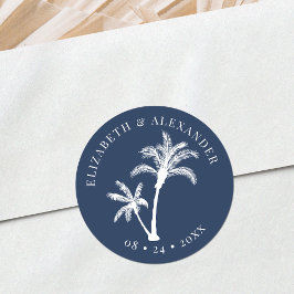 Blue Palm Tree Beach Tropical Wedding Runder Aufkleber