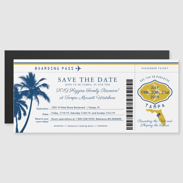 Blue Palm Tree Gold Florida Boarding Pass Magneteinladung (Vorne/Hinten)