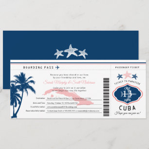 Blue Palm Tree Pink Kuba Boarding Pass Hochzeit Einladung