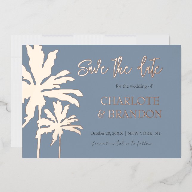 Blue Palm Trees Beach Hochzeit Save the Date Gold Folieneinladung (Briefumschlag)