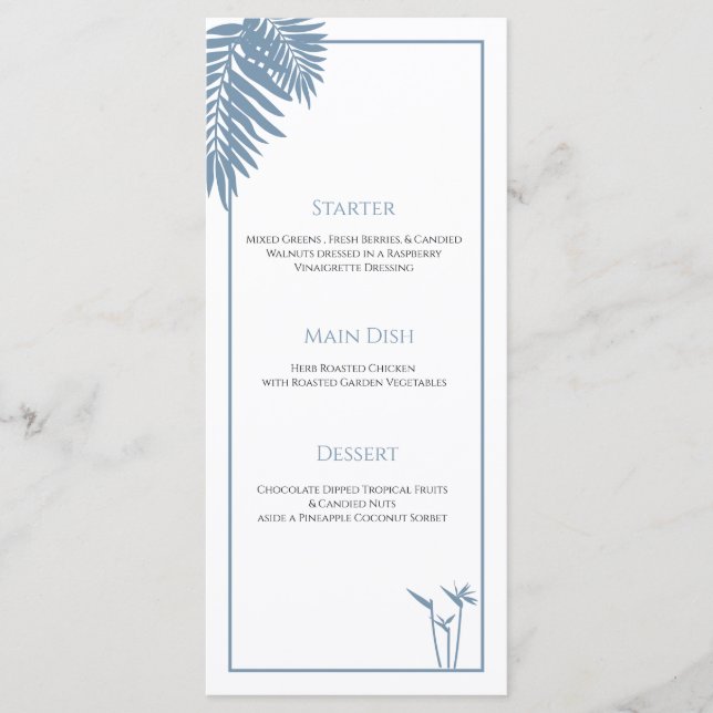 Blue Palm Wedding Personalisiert Plate Menu Cards Menükarte (Vorderseite)