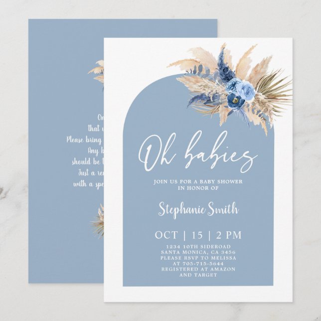 Blue Pampas Grass Baby Dusche Twin Boys Einladung (Vorne/Hinten)