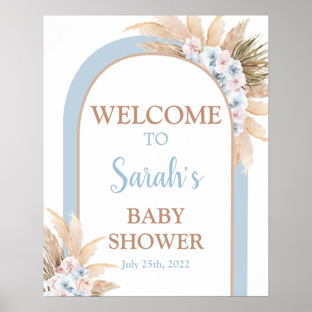 Blue Pampas Grass Baby Shower Boy Begrüßungszeiche Poster (Vorne)