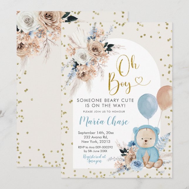 Blue Pampas Grass Boho Bear Boy Baby Dusche Invita Einladung (Vorne/Hinten)