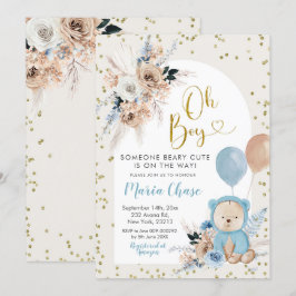 Blue Pampas Grass Boho Bear Boy Baby Dusche Invita Einladung