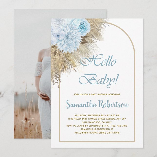 Blue Pampas Grass Boho Boy Baby Duschkabine Foto Einladung (Vorne/Hinten)