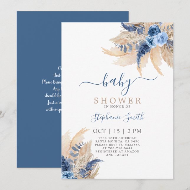 Blue Pampas Grass Boho Chic Baby Dusche Einladung (Vorne/Hinten)