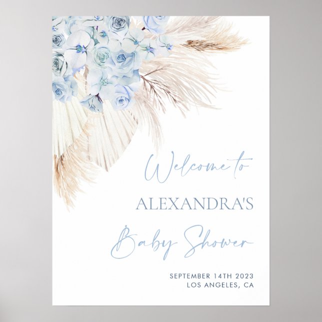 Blue Pampas Grass Boy Baby Dusche Begrüßungszeiche Poster (Vorne)