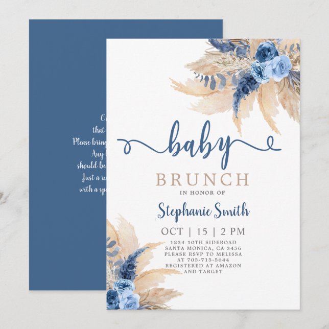 Blue Pampas Grass Boy Baby Dusche Boy Einladung (Vorne/Hinten)