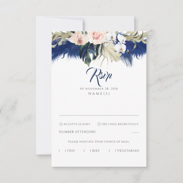 Blue Pampas Grass Floral Tropics Wedding RSVP (Vorderseite)
