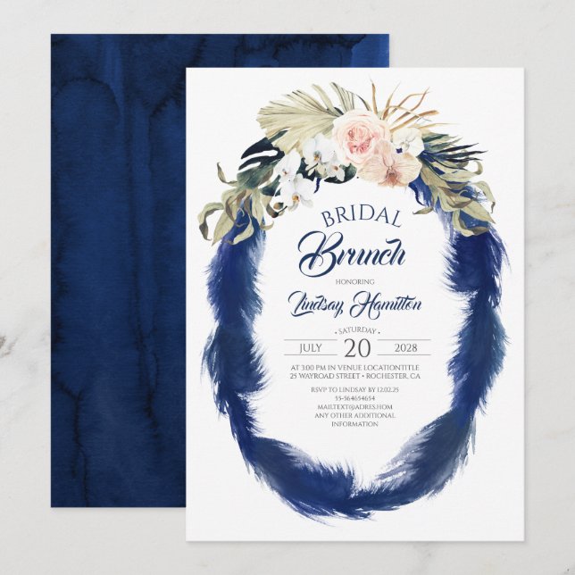 Blue Pampas Grass Tropical Bridal Brunch Einladung (Vorne/Hinten)