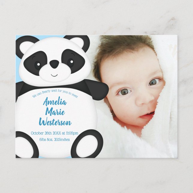 Blue Panda Bear Baby Birth Ankündigung Postkarte (Vorderseite)