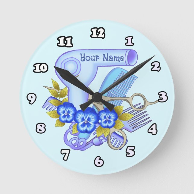 Blue Pansy Beauty Parlor Kosmetikuhr Runde Wanduhr (Vorderseite)