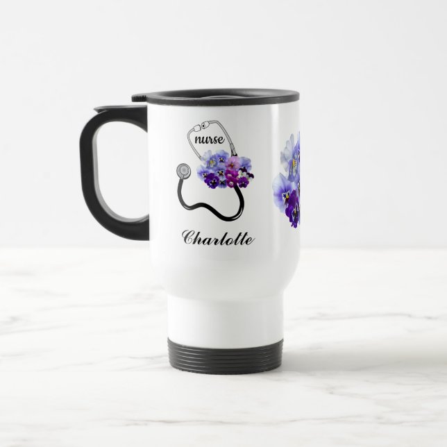 Blue Pansy Floral Doctor Nurse Stethoscope Reisebecher (Links)
