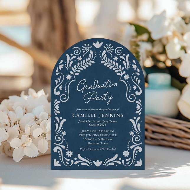 Blue Papel Picado Foto Abschluss Einladung (Blue Arch Graduation Party Photo Invitation)