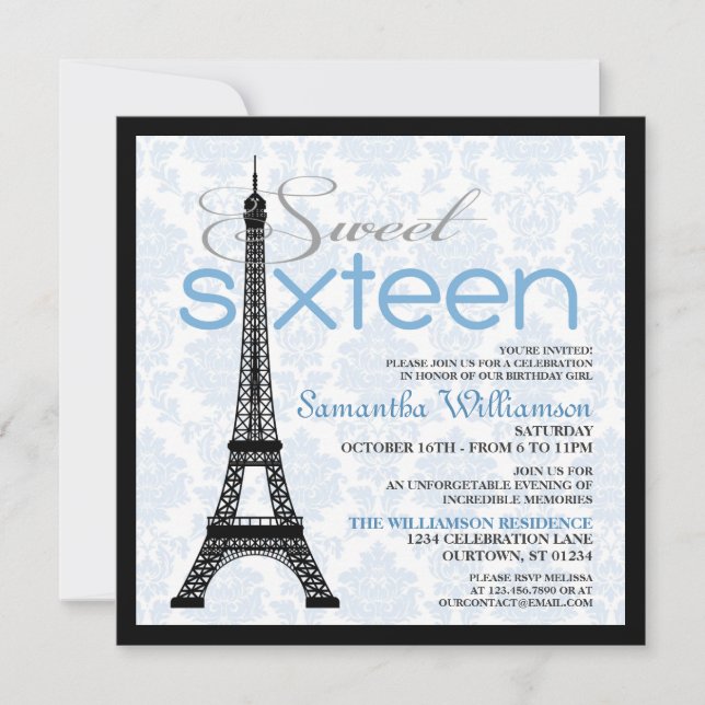 Blue Paris Sweet 16 Invitations (Devant)