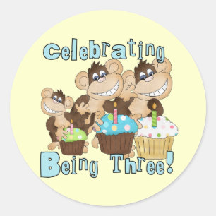 Blue Party Affen 3. Geburtstag T - Shirt und Gesch Runder Aufkleber