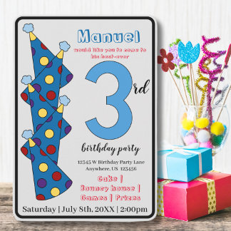 Blue Party hat 3. Geburtstag Party Kinder Einladung