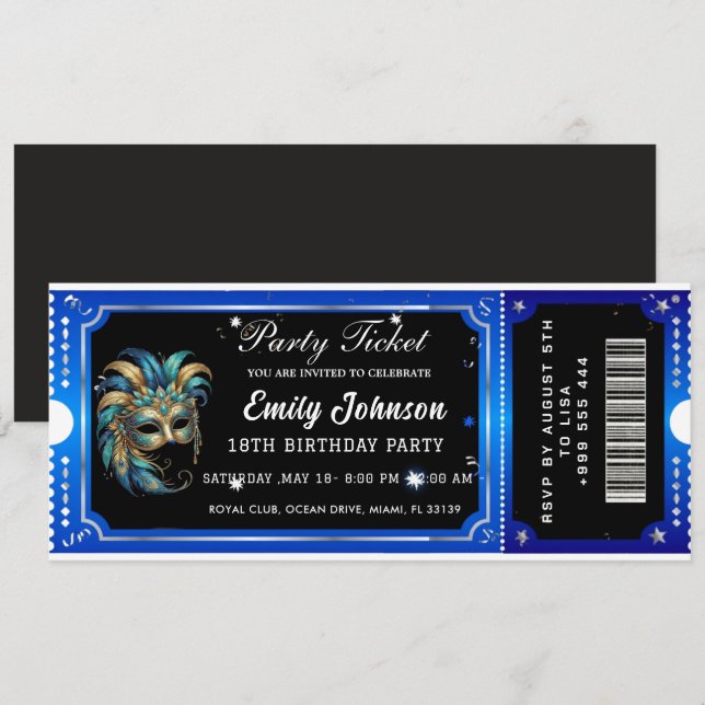  blue party ticket invitations  einladung (Vorne/Hinten)