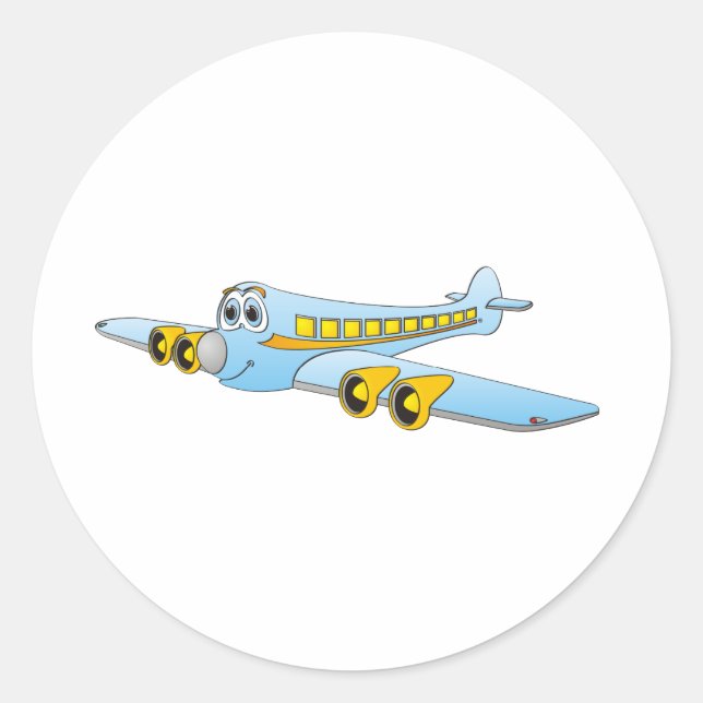Blue Passenger Jet O Cartoon Runder Aufkleber (Vorderseite)