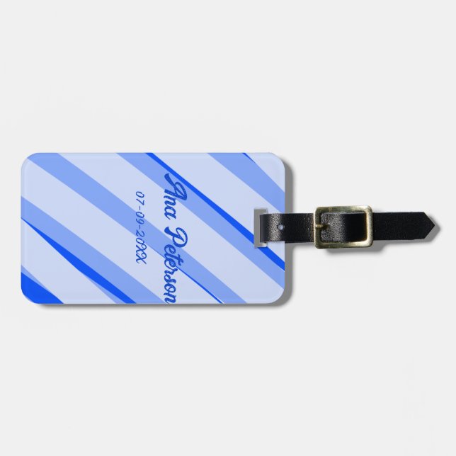 Blue pastel add name date boho retro lines pattern gepäckanhänger (Vorderseite horizontal)