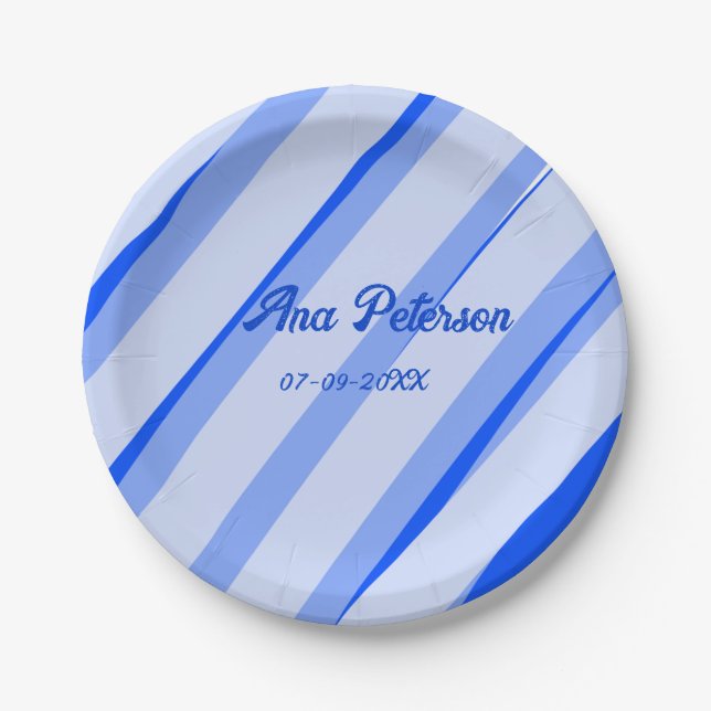 Blue pastel add name date boho retro lines pattern pappteller (Vorderseite)