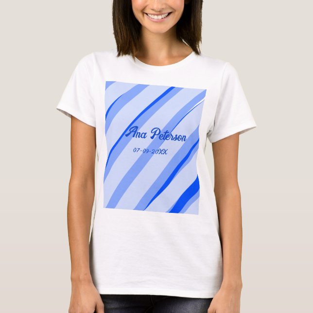 Blue pastel add name date boho retro lines pattern T-Shirt (Vorderseite)