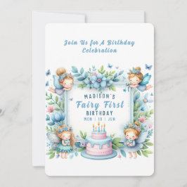 Blue Pastel Floral Fairy Erster Geburtstag - Einladung