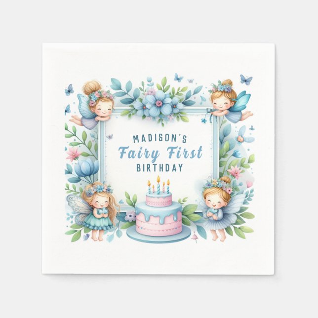 Blue Pastel Floral Fairy Erster Geburtstag - Serviette (Vorderseite)