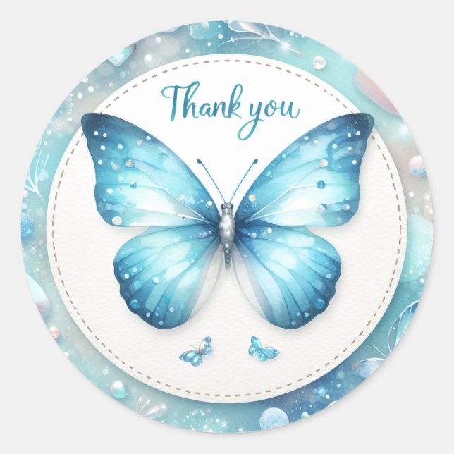 Blue Pastel Glitzer Butterfly - Danke - Runder Aufkleber (Vorderseite)