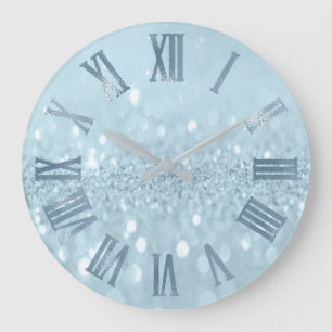 Blue Pastel Glitzer Gray Metal Roman Numbers Große Wanduhr