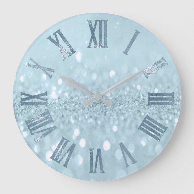 Blue Pastel Glitzer Gray Metal Roman Numbers Große Wanduhr (Vorderseite)