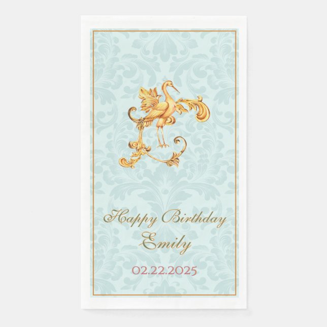 Blue Pastel Gold Baroque Rokoko Happy Birthday Serviette (Vorderseite)