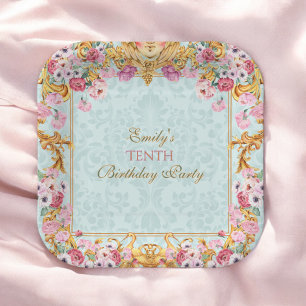 Blue Pastel Gold Zehnte Barock Rokoko Geburtstag Pappteller
