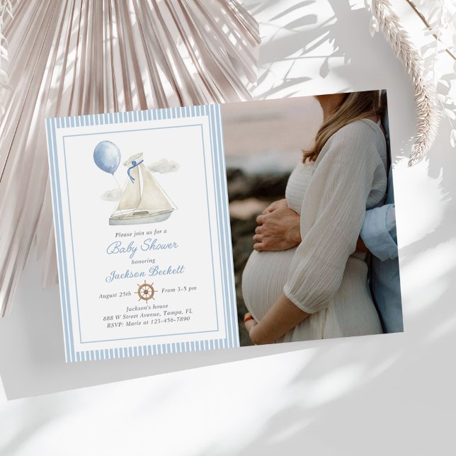 Blue Pastel Nautical Sail Boat Baby Dusche Foto Einladung (Von Creator hochgeladen)