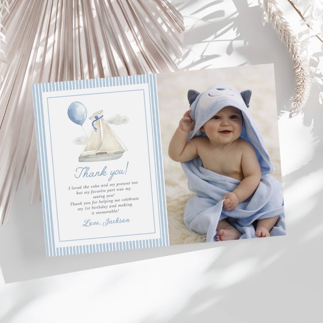 Blue Pastel Nautical Segelboot 1. Geburtstag Foto Dankeskarte (Von Creator hochgeladen)