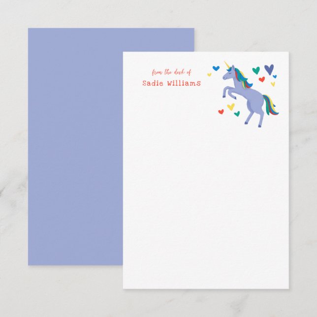 Blue Pastel Rainbow Unicorn Kinder Persönliche Not Dankeskarte (Vorne/Hinten)