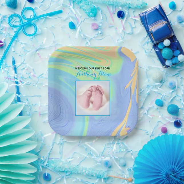 Blue Pastel Willkommen Erstes Geborenes Foto Pappteller (Party)