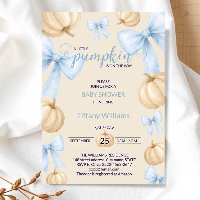 Blue Pastell Watercolor Pumpkin Buganband Einladung (Little Pumpkin Baby Shower Invitation Boy | delicate Blue Bow Fall Theme)