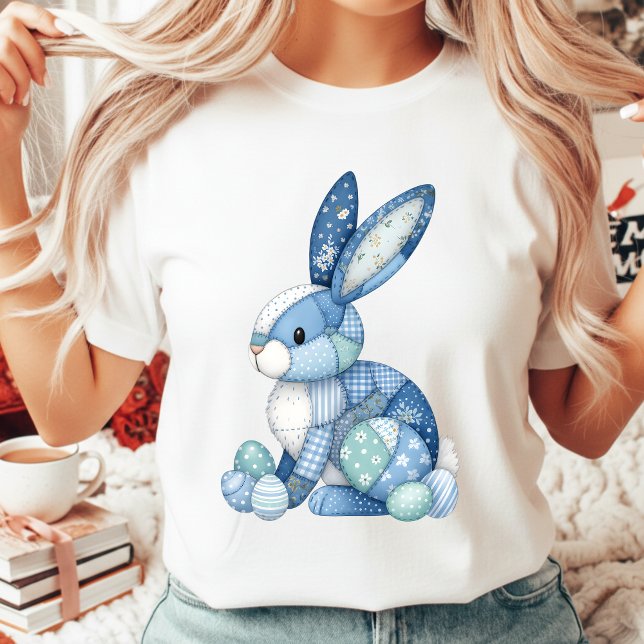 Blue Patchwork Easter Bunny Floral Gingham Spring T-Shirt (Von Creator hochgeladen)