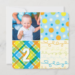 Blue Patchwork Pattern Squares Boy Foto Geburtstag Einladung