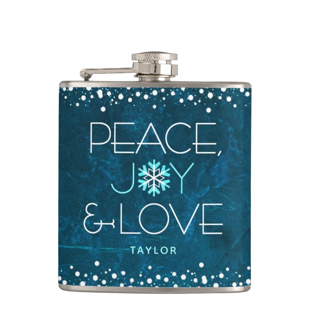 Blue Peace Joy Liebe Holiday Snowflake Bold Modern Flachmann (Vorderseite)