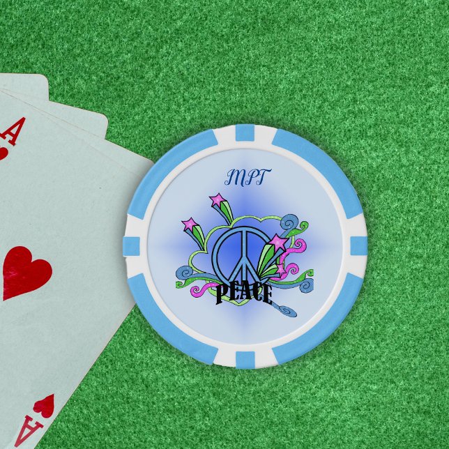 Blue Peace Schild Extravagante farbige Rollen Star Pokerchips (Bright Colourful Peace Sign design scrolls pink stars on blue poker chips.)