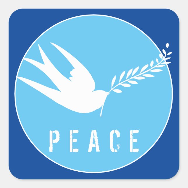 Blue Peace Symbol White Swallow Bird Olive Branch Quadratischer Aufkleber (Vorderseite)