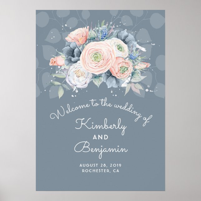 Blue Peach and Dusty Rose Wedding Welcome Sign Poster (Vorne)